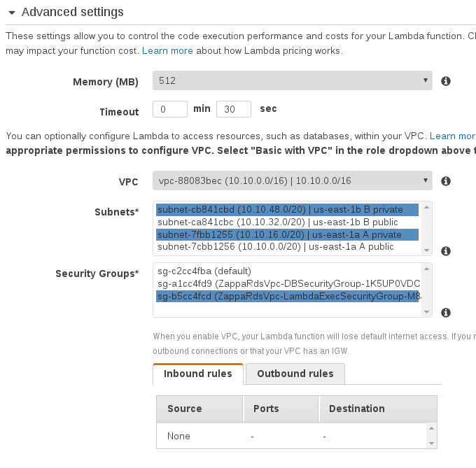 Enable VPC execution in AWS Lambda VPC console